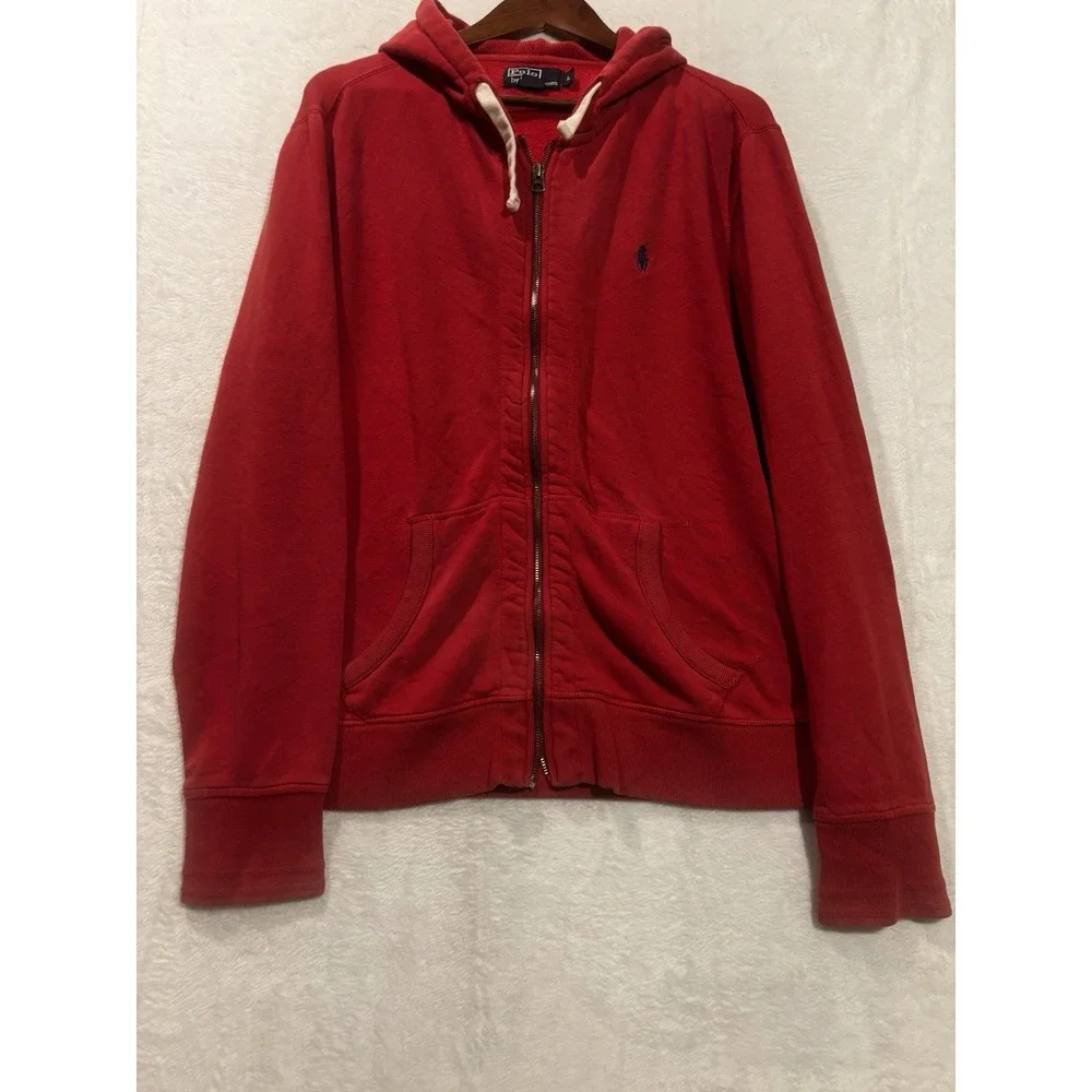 Vintage Y2K Polo Ralph Lauren Men's Large Red Full Zip Hoodie ‎ Blue Pony Logo